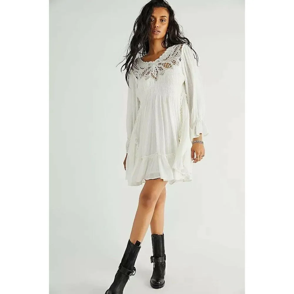 NWT FREE PEOPLE LENA LACE MINI DRESS CROCHET GAUZE IN IVORY